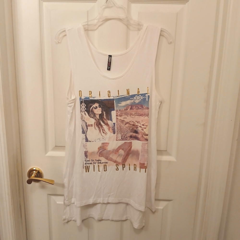 Electric Pink Tank Top Shirt Women's Size XL Graphic White High Low